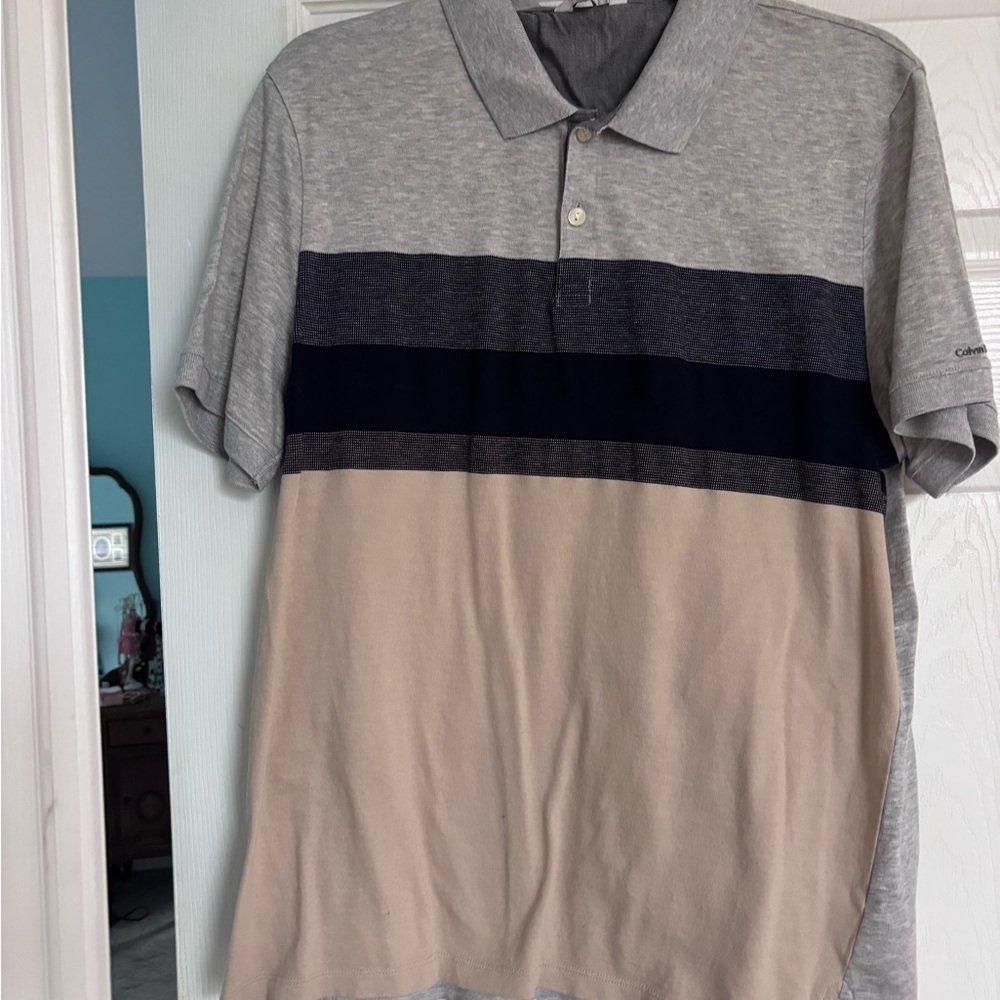Calvin Klein Gray and Tan Polo Shirt with Color-Block Design